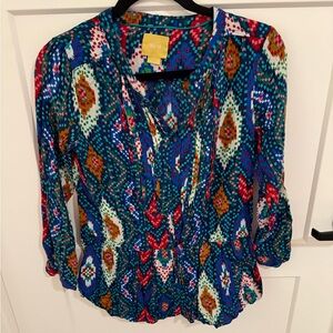 Maeve Anthropologie Ikat Print Peplum Blouse Size 0 Boho Rayon Top
